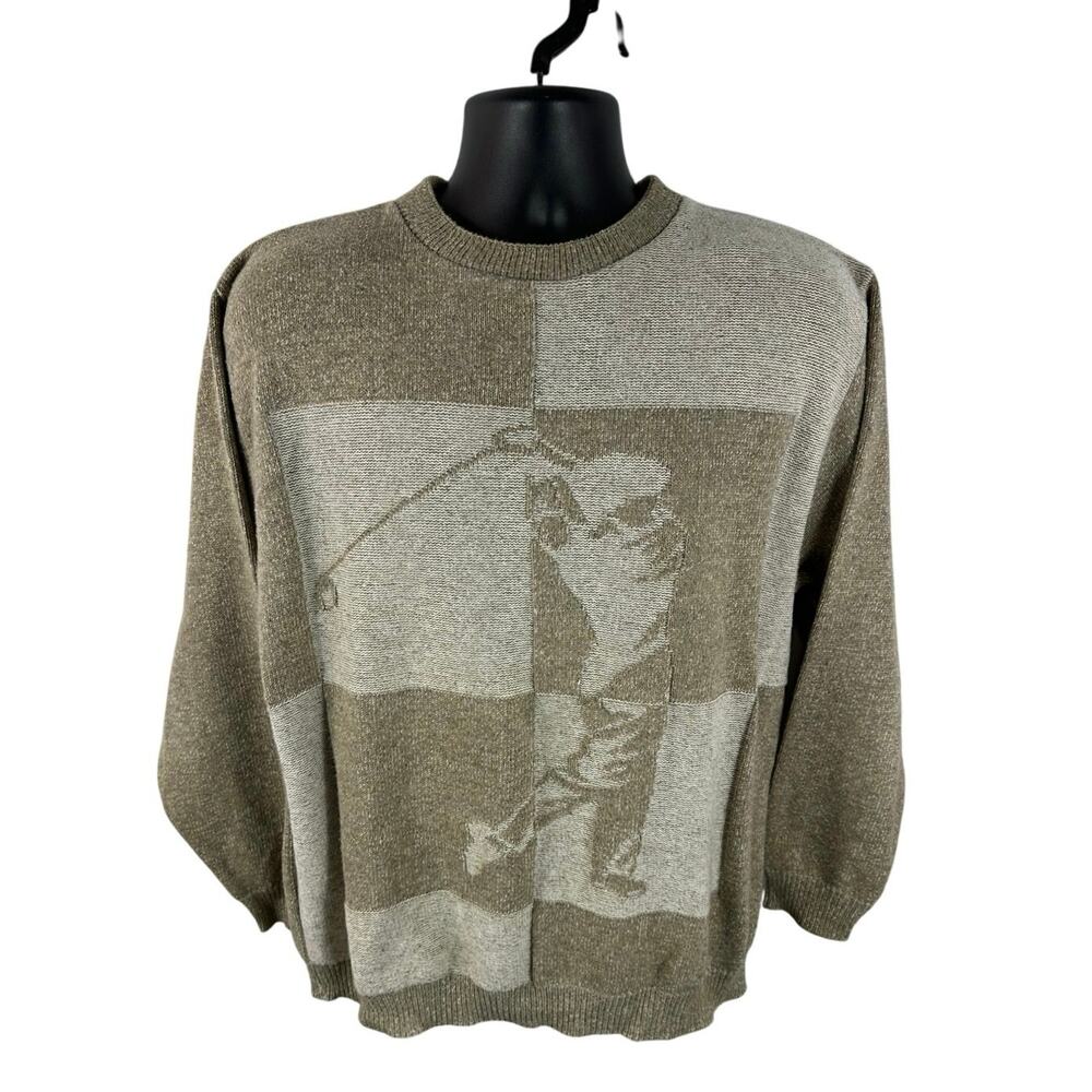 Vintage Haggar Tour Knit Golfer Graphic Sweater Crewneck Tan Size Large